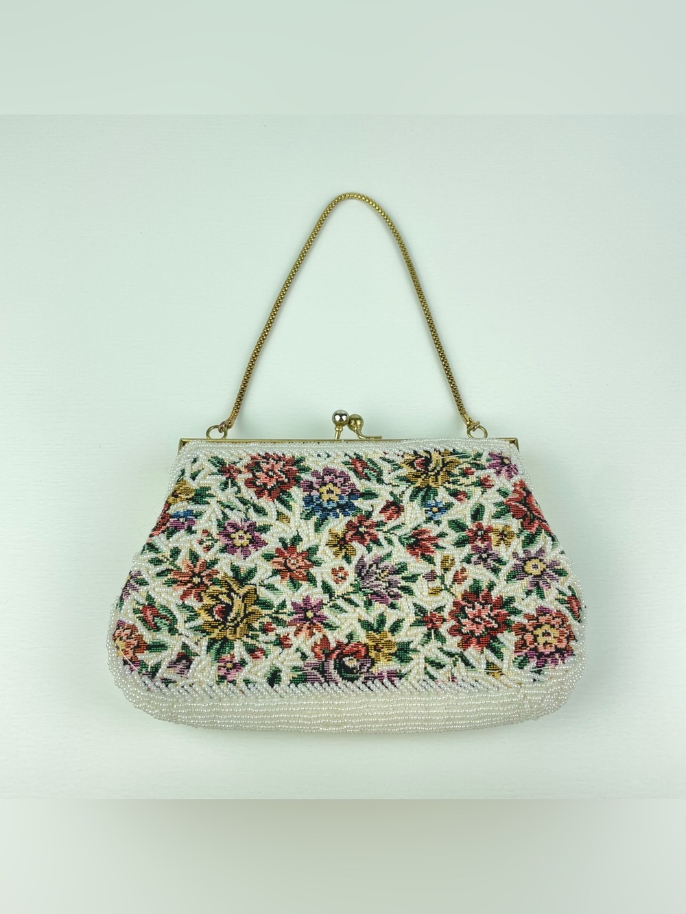 VTG Oharsma Floral Beaded Tapestry Evening Bag Gold Chain Handbag Kiss Clasp - Picture 4 of 16